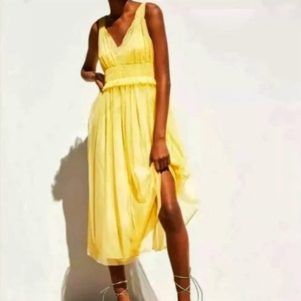 Zara Yellow V-Neck Pleated Midi Dress